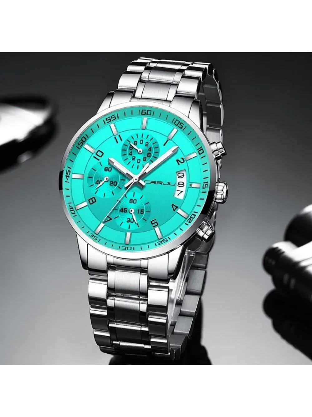 Men's Silver Sky Blue Analog Stainless Steel Waterproof Chronograph Wrist Watch